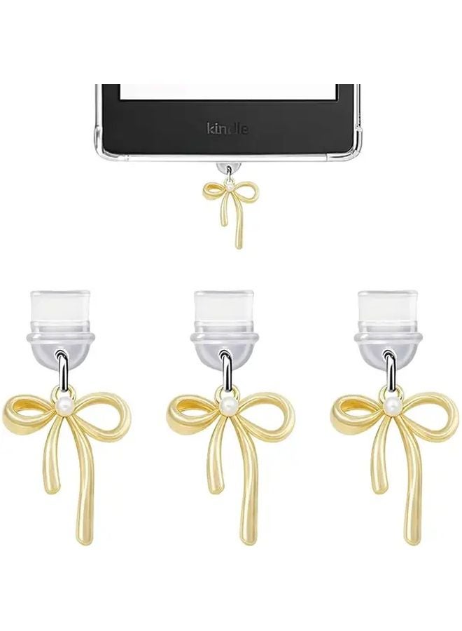 3 Pcs Silver Bow USB C Dust Plug Charm For iPhone Kindle E Readers Tablets - Image 1